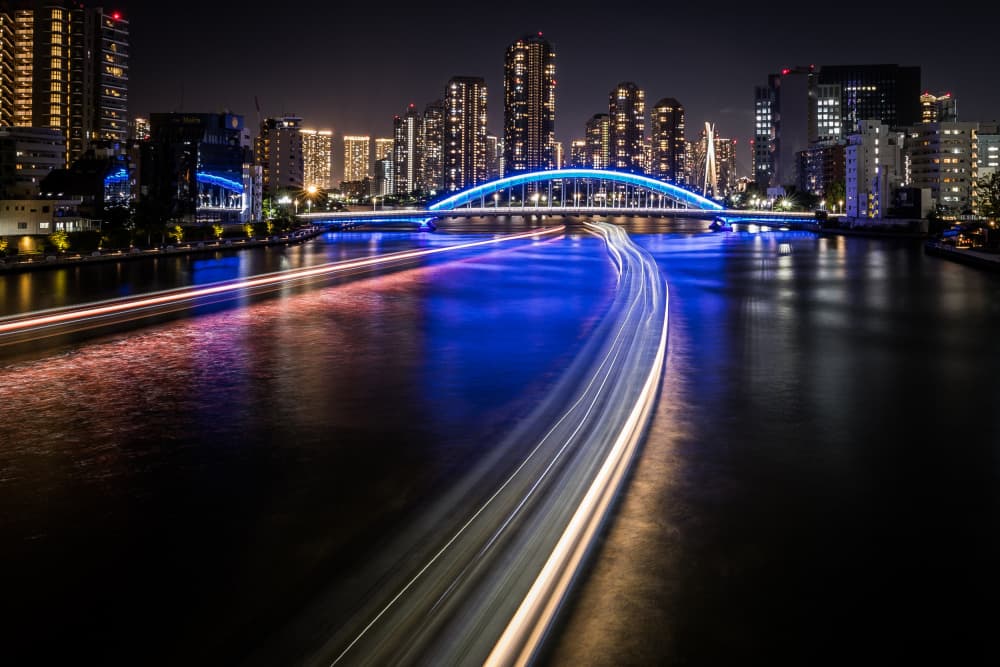 Urban River Light Trails by Michiko Ôtomo — canvas wall art