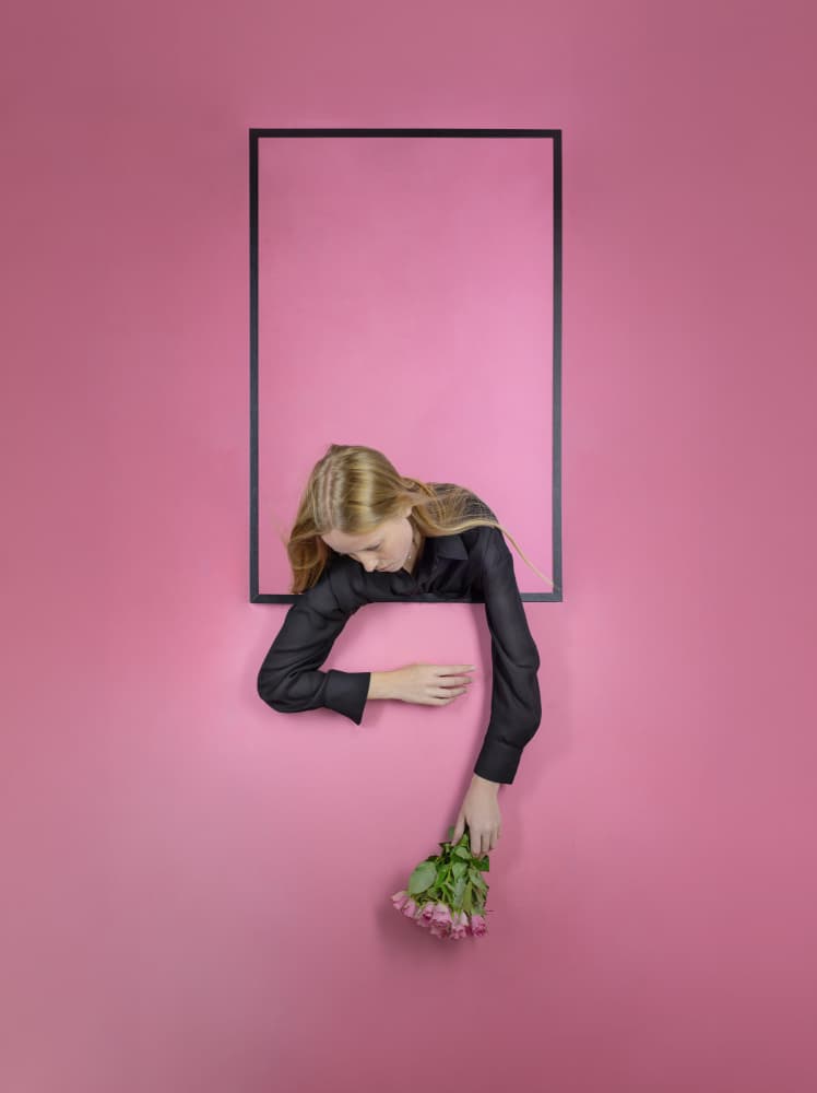 Blonde Woman Pink Frame by Michael Allmaier — canvas wall art