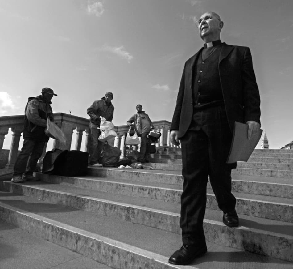 Priest Descending Venice Steps by Jure Kravanja — canvas wall art
