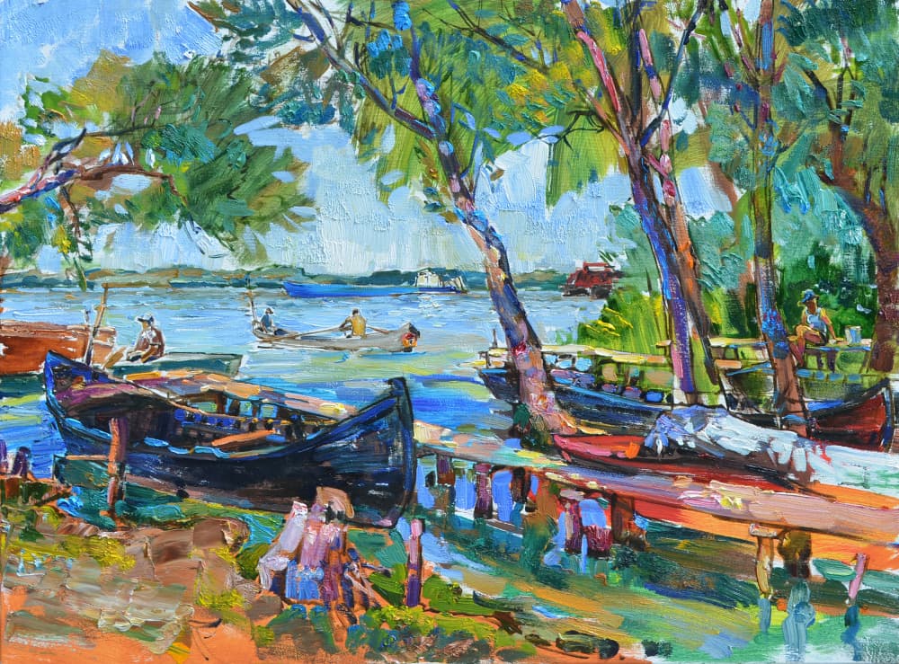 Vibrant Riverside Boats by Andrii Kutsachenko — canvas wall art