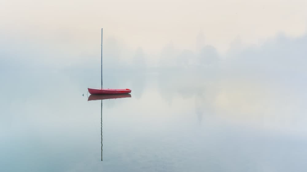 Red Boat Misty Morning by Bor — canvas wall art