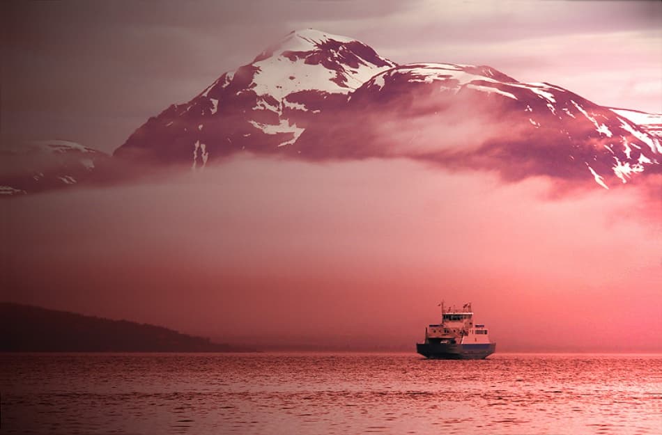 Pink Misty Mountain Ferry by Bror Johansson — canvas wall art