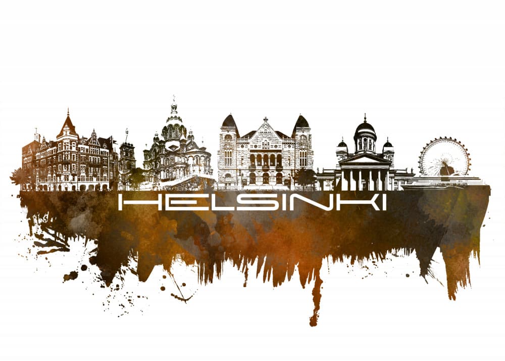 Helsinki Watercolor Skyline by Justyna Jaszke — canvas wall art