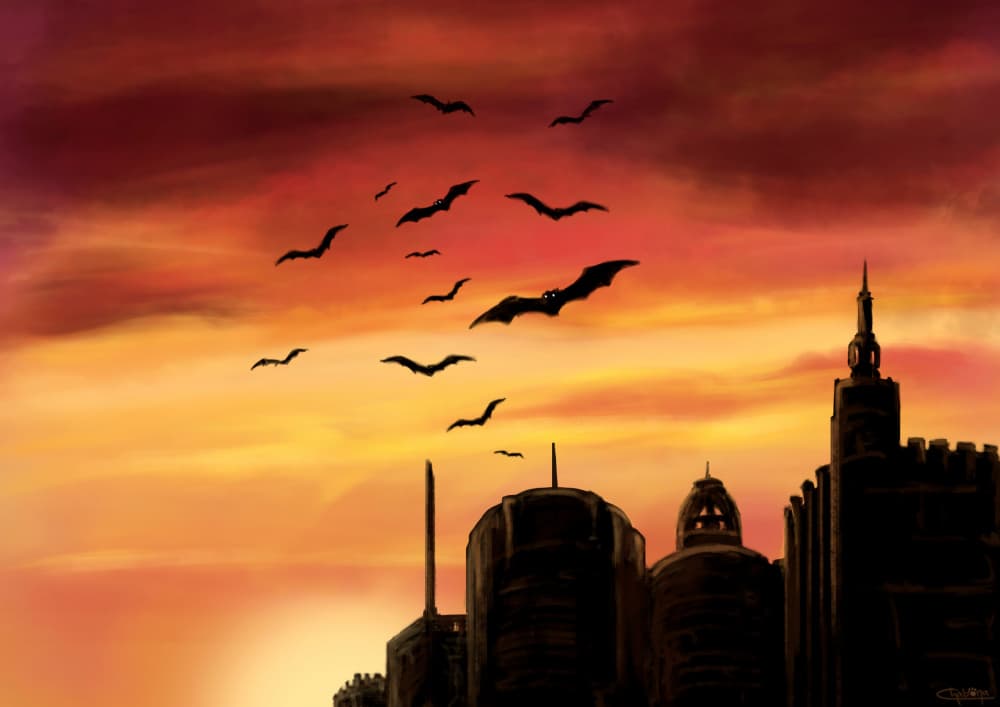 Bats Over Gothic City by Nadia Cuevas — canvas wall art