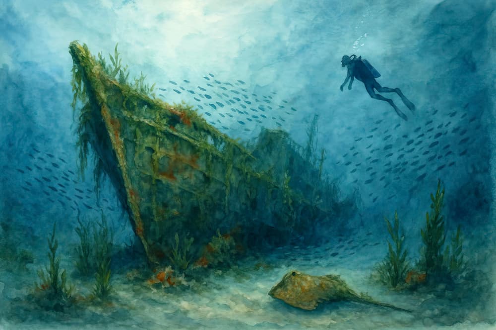 Diver Exploring Shipwreck by Natalie Bruns — canvas wall art