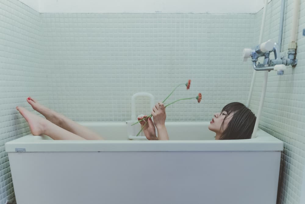 Serene Bath With Flowers by Kurosaki Sangan — canvas wall art
