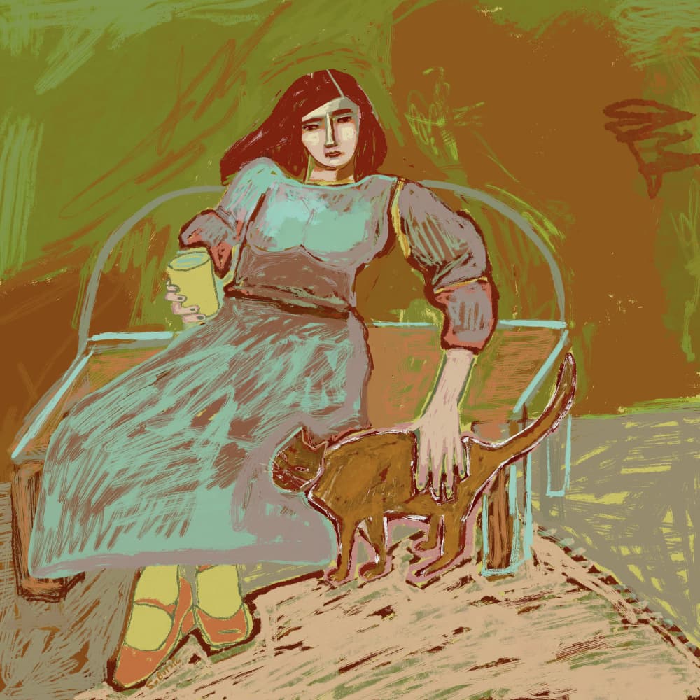 Cozy Woman and Cat by Sharyn Bursic — canvas wall art