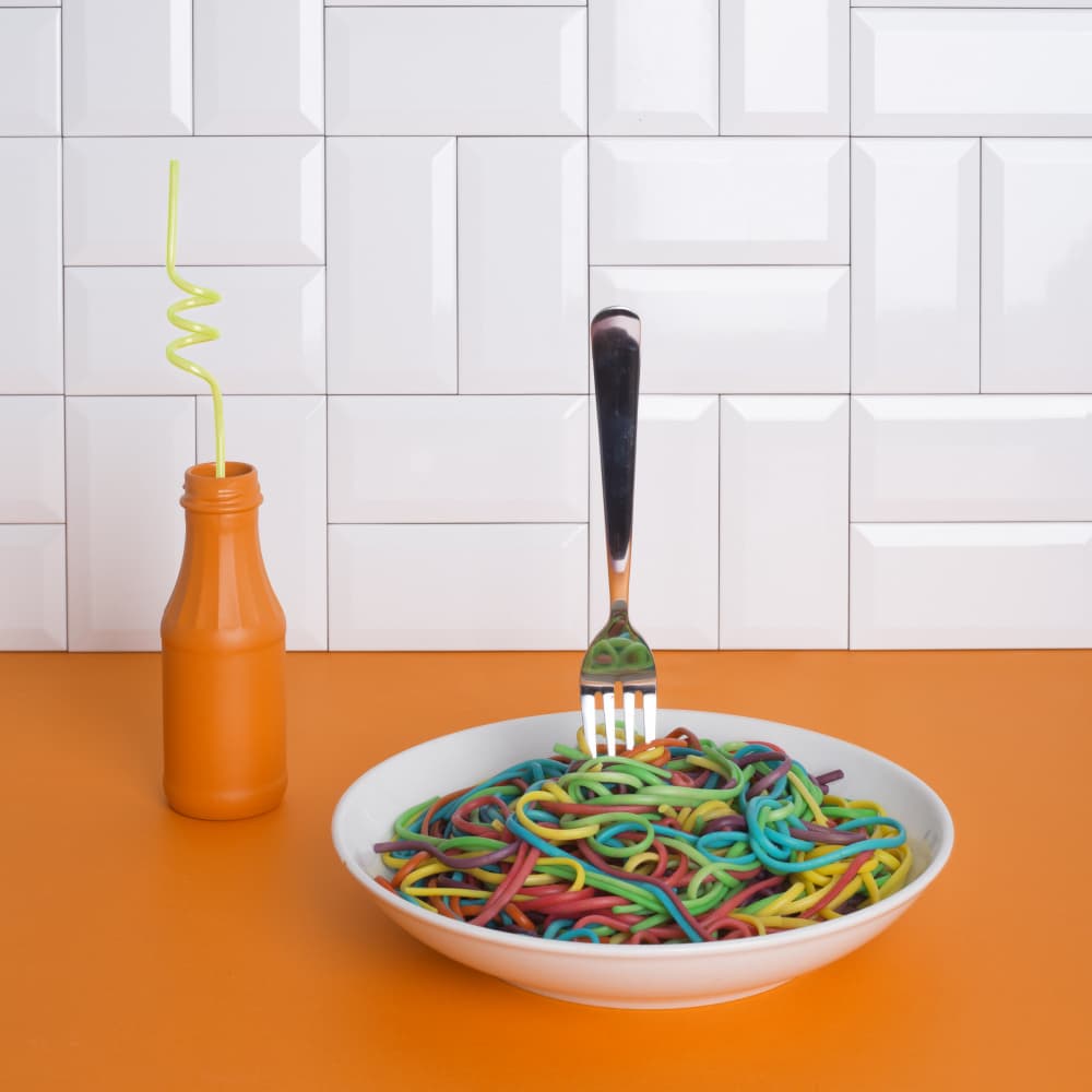 Playful Rainbow Spaghetti by Julia Ramiro — canvas wall art