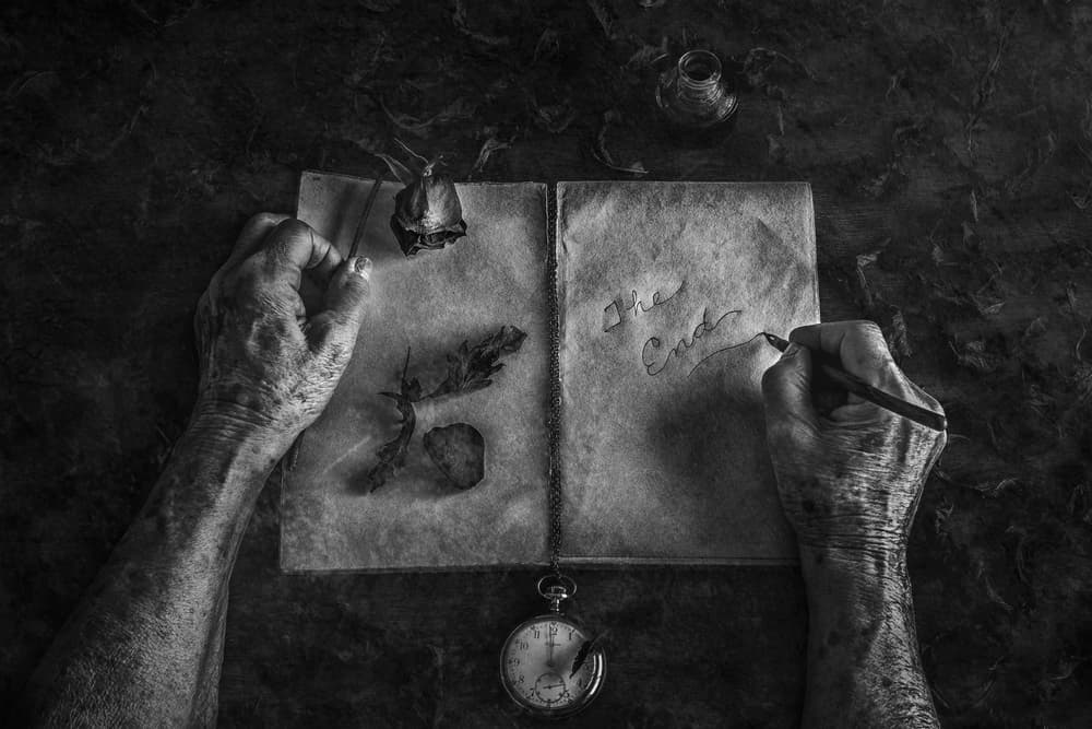 Aged Hands Writing The End by Stephen Clough — canvas wall art