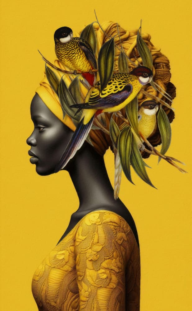 African Woman Golden Birds by Marja van den Hurk — canvas wall art