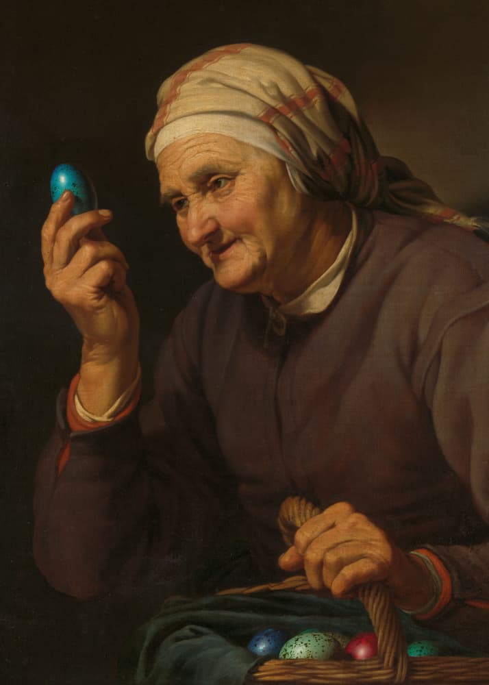 Elder Woman's Easter Eggs by Marja van den Hurk — canvas wall art