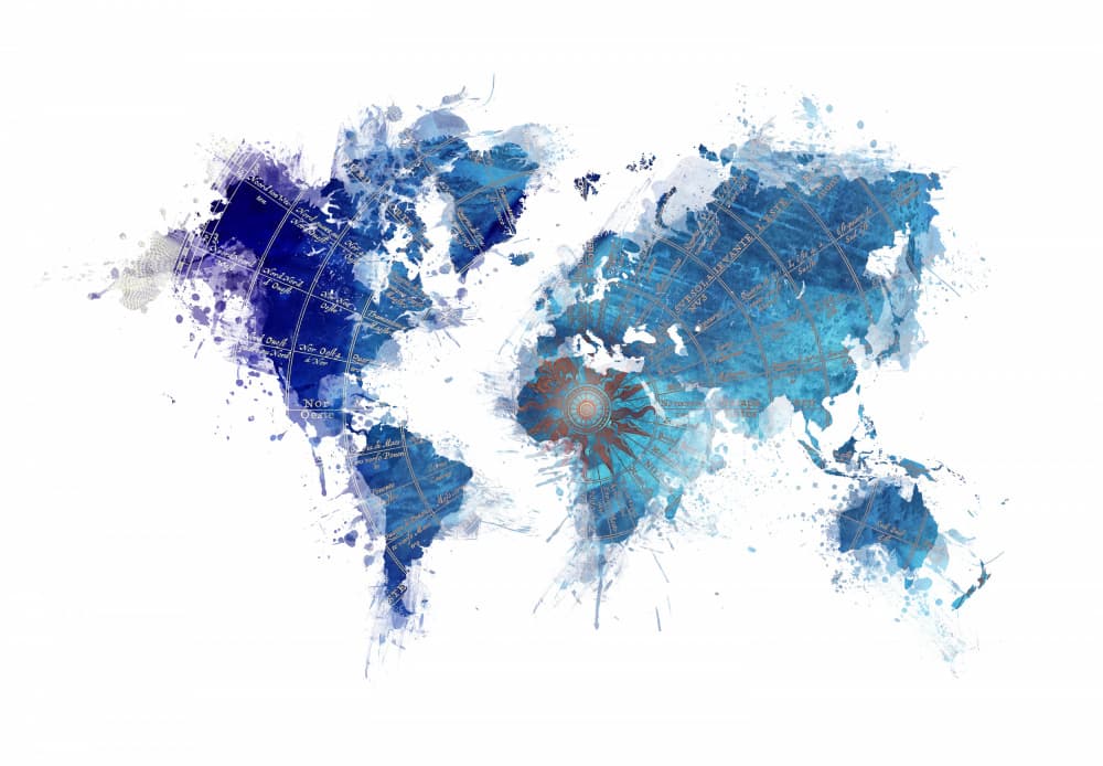 Blue Watercolor World Map by Justyna Jaszke — canvas wall art