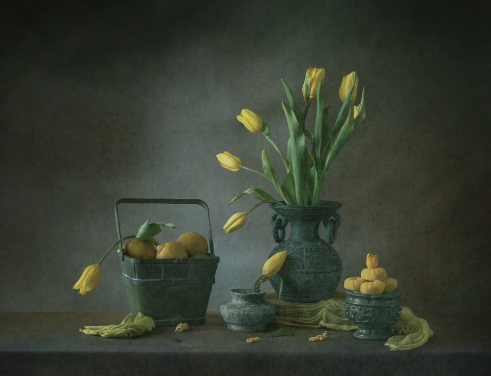 Golden Tulips and Lemons by May G — canvas wall art
