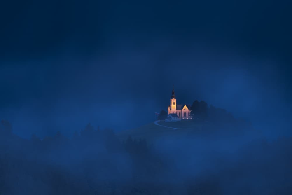 Glowing Hilltop Church by Chao Feng 天馬 — canvas wall art