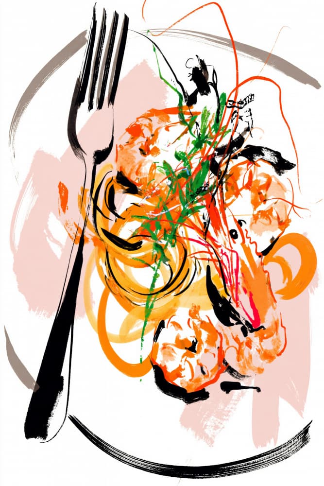 Vibrant Shrimp Pasta by Treechild — canvas wall art