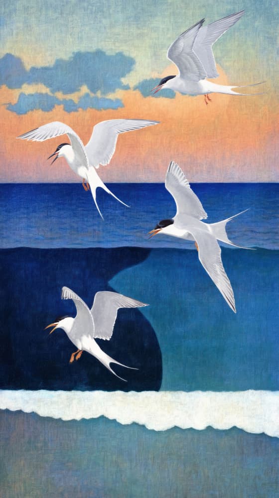 Terns Over Sunset Ocean by Marja van den Hurk — canvas wall art