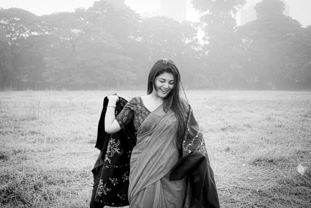 Smiling Woman in Saree by Subhajit Das — canvas wall art