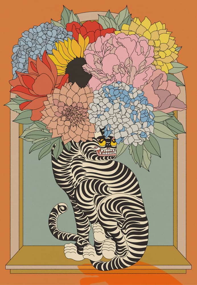 Grinning Tiger Floral Window by OMG Kitty — canvas wall art