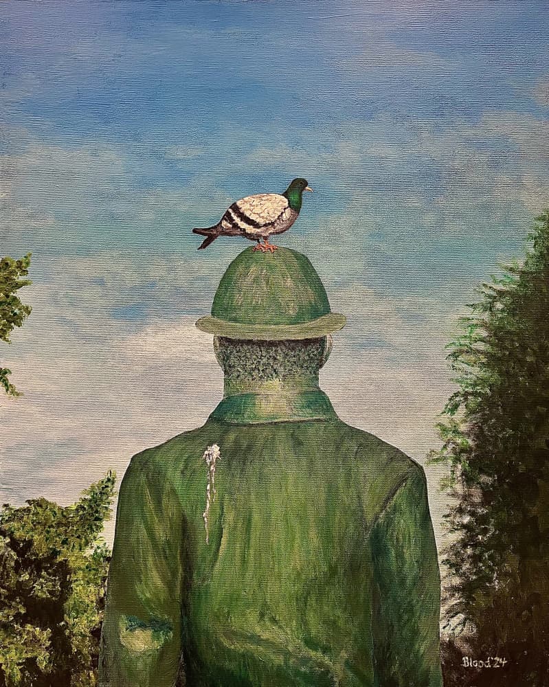 Pigeon on Green Hat by Tom Blood — canvas wall art