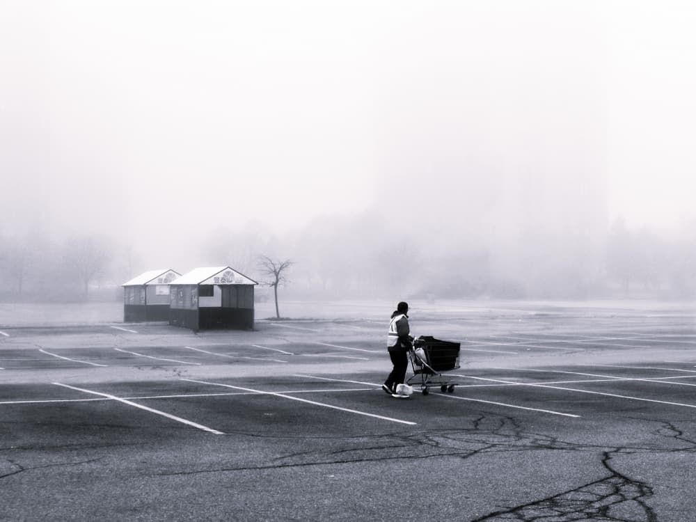 Misty Parking Lot Walker by Jasmine Zhang — canvas wall art