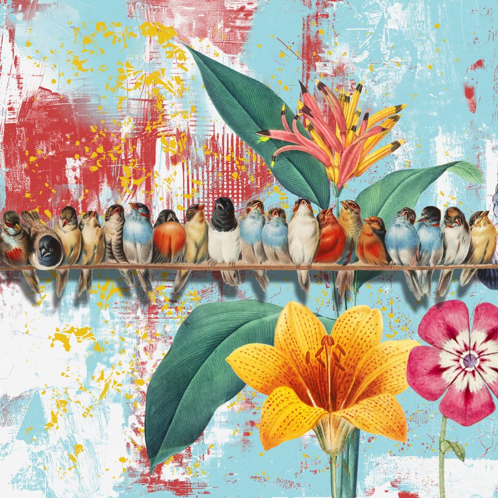 Vibrant Birds and Blooms by Marja van den Hurk — canvas wall art