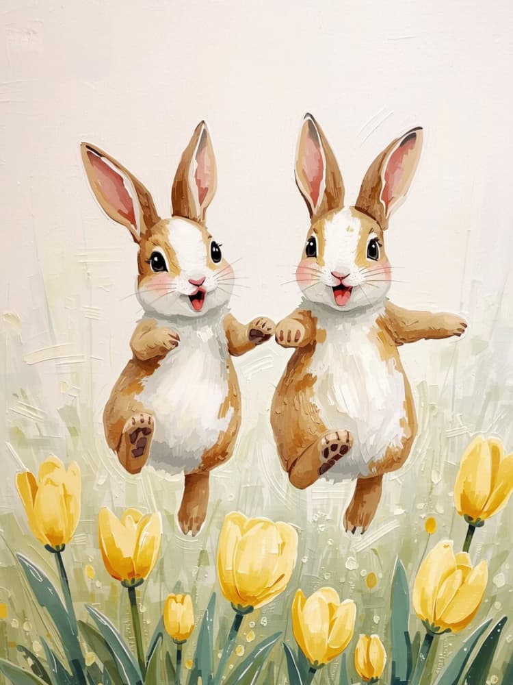 Happy Bunnies Dancing by Ohkimiko — canvas wall art