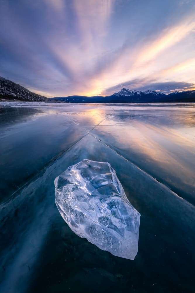 Frozen Lake Mountain Sunset by Yongnan Li (李永男) — canvas wall art