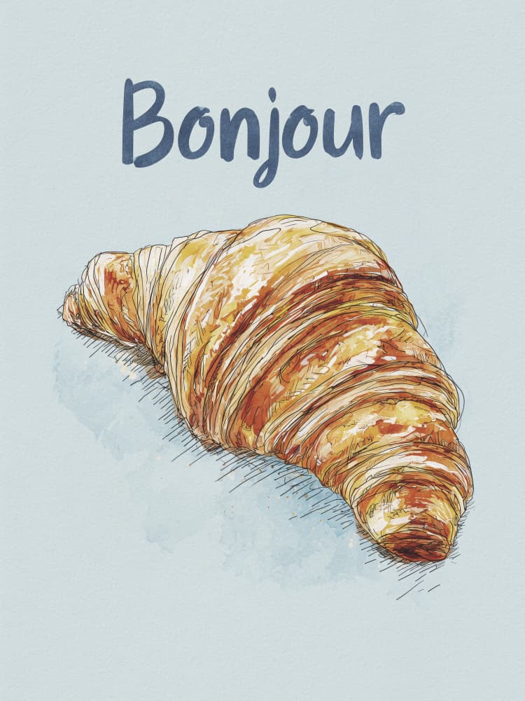 Bonjour Watercolor Croissant by Andreas Magnusson — canvas wall art