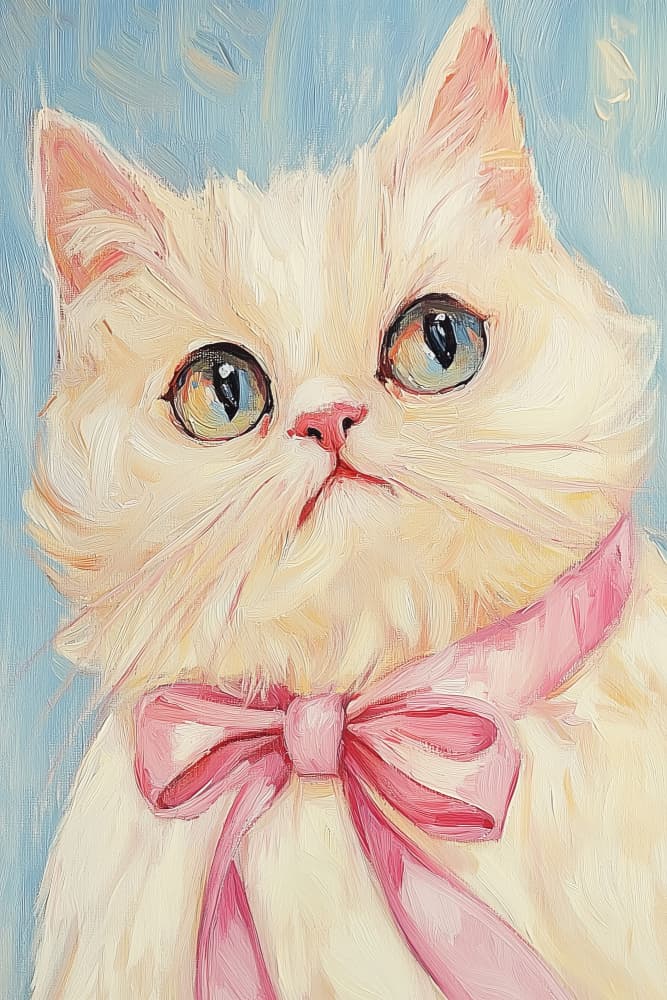 Fluffy Cat Pink Bow by Melloi Art Prints — canvas wall art