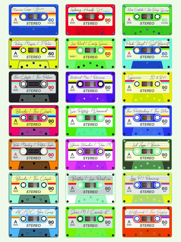 Colorful Retro Cassettes by WallChart Art Studio — canvas wall art