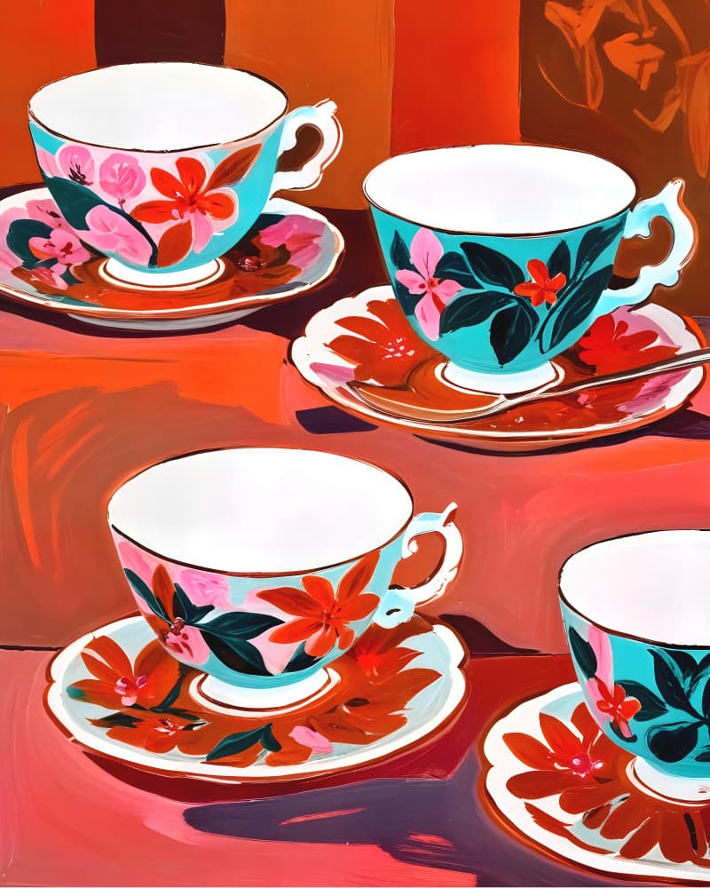 Vibrant Floral Teacups by Uma Gokhale — canvas wall art