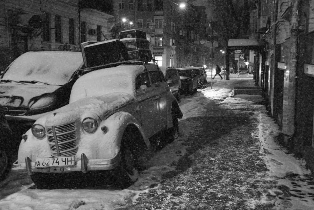 Vintage Car Snowy Night by Alexander Kiyashko — canvas wall art