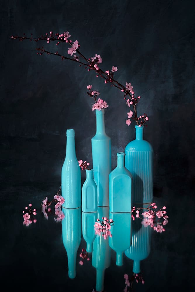 Blue Vases Pink Blossoms by Lydia Jacobs — canvas wall art