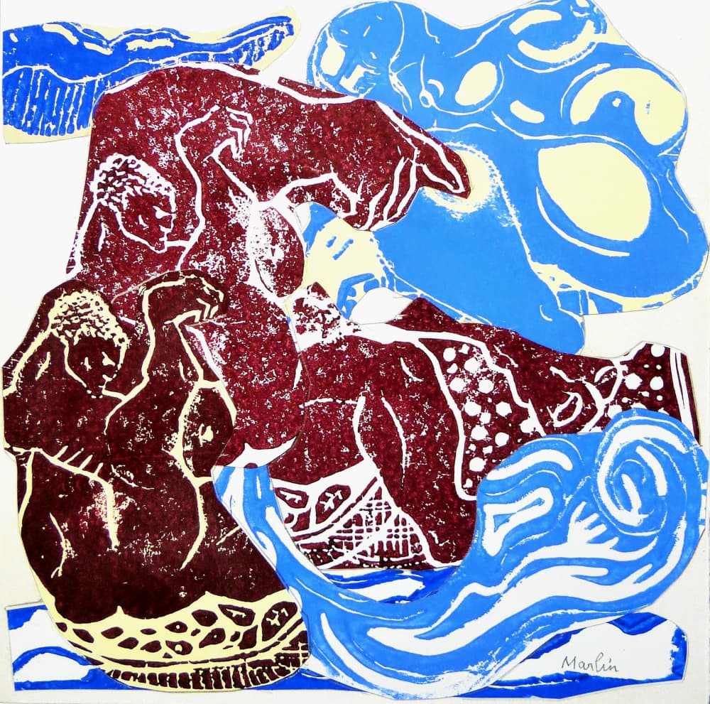 Maroon Figures Blue Waves by Pascal Marlin — canvas wall art