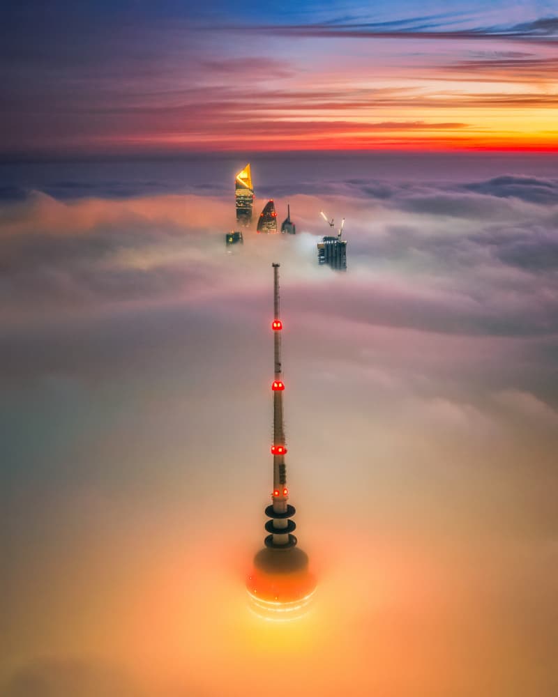 Misty City Tower Sunset by Faisal ALnomas — canvas wall art