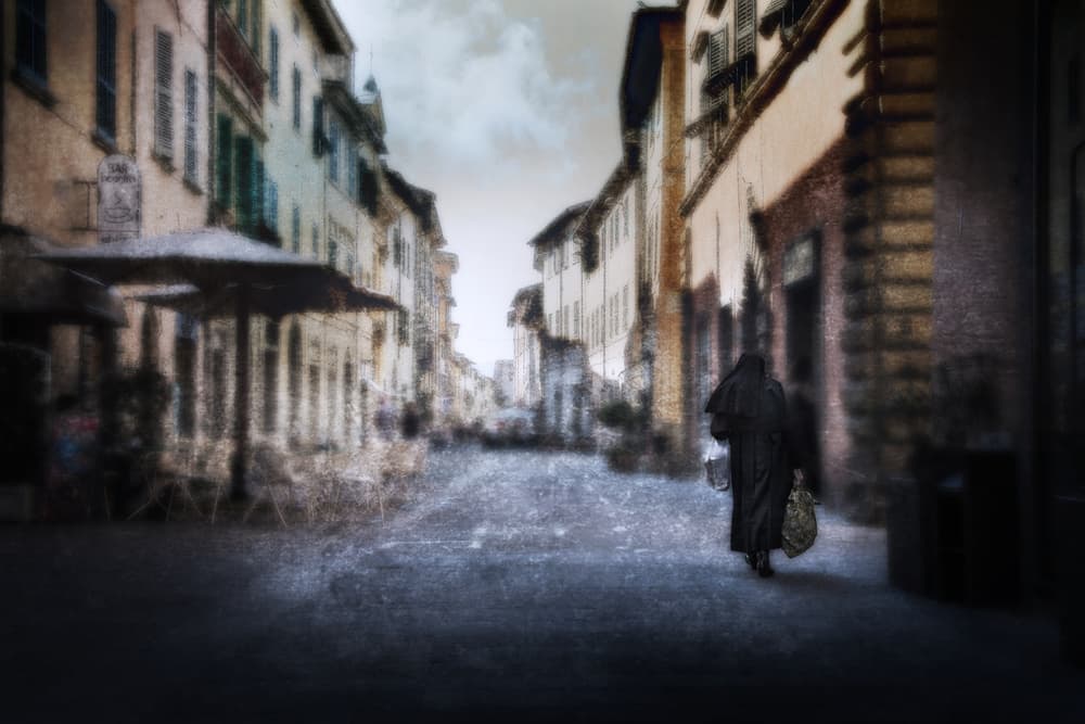 Mysterious Figure Old Town by Nicodemo Quaglia — canvas wall art