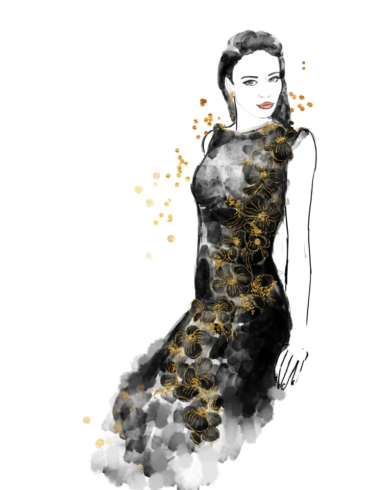 Elegant Black Gold Dress by Rosana Laiz Blursbyai — canvas wall art