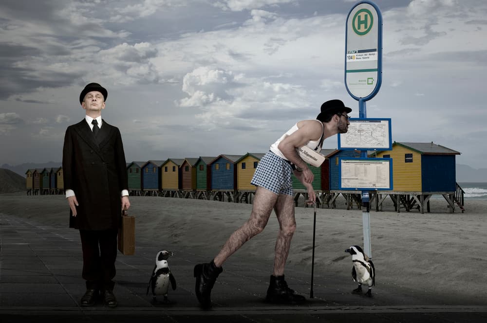 Surreal Beach Bus Penguins by Christine von Diepenbroek — canvas wall art