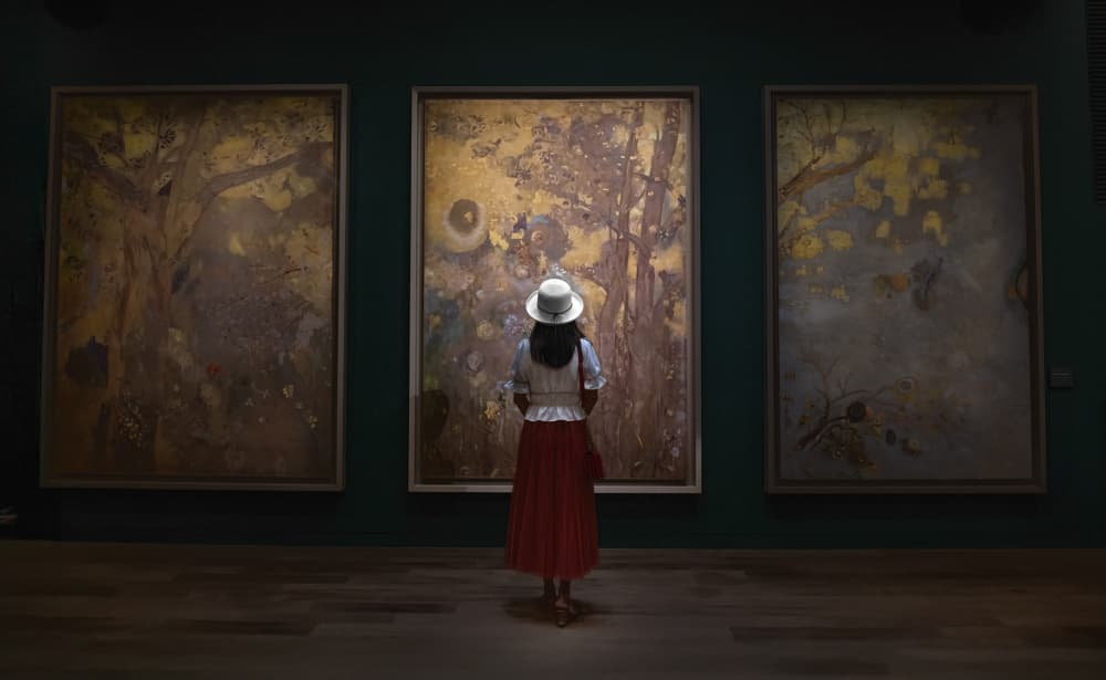 Woman Viewing Golden Art by Kenneth-Wei Zeng — canvas wall art