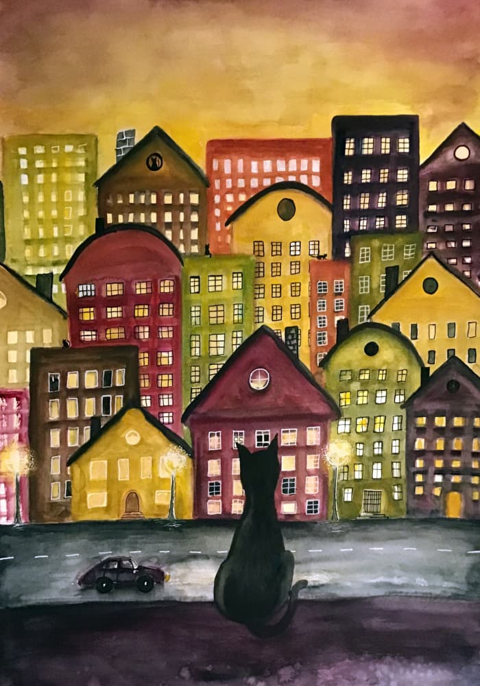 Night City Cat by Monica Lindblom — canvas wall art