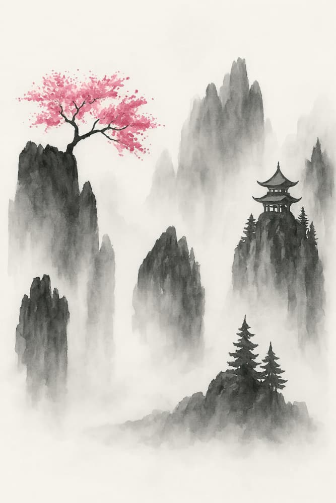 Japanese mountain landscape with sakura tree and temple by Natalie Bruns — canvas wall art