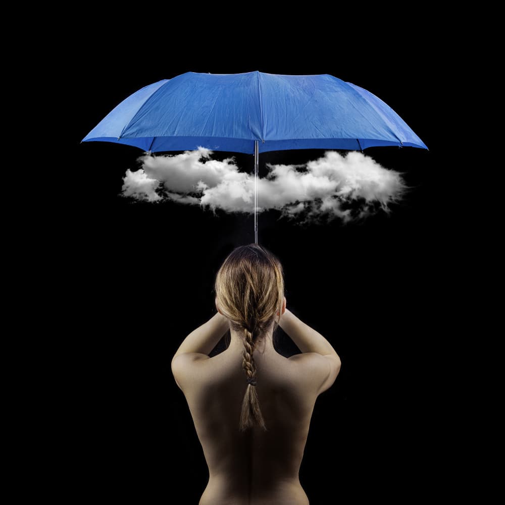 Woman Under Blue Umbrella by Michael Allmaier — canvas wall art