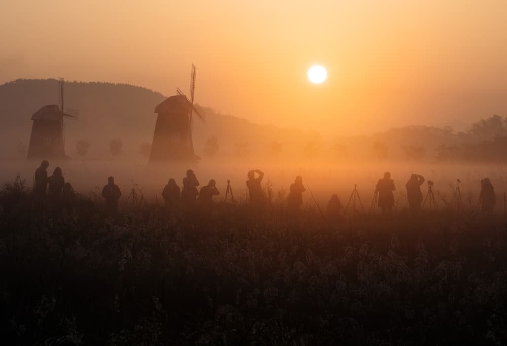 Misty Morning Windmills by HAN dong hee — canvas wall art