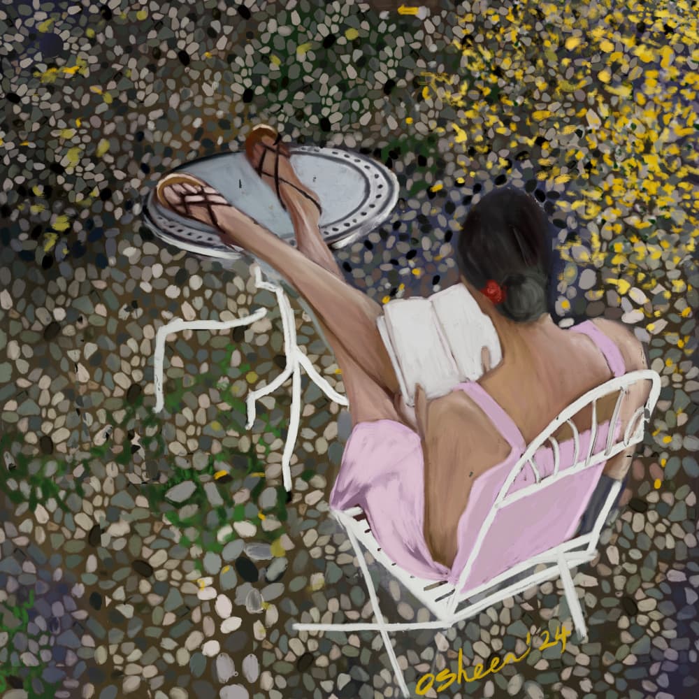 Peaceful Garden Reading by Osheensgallery — canvas wall art