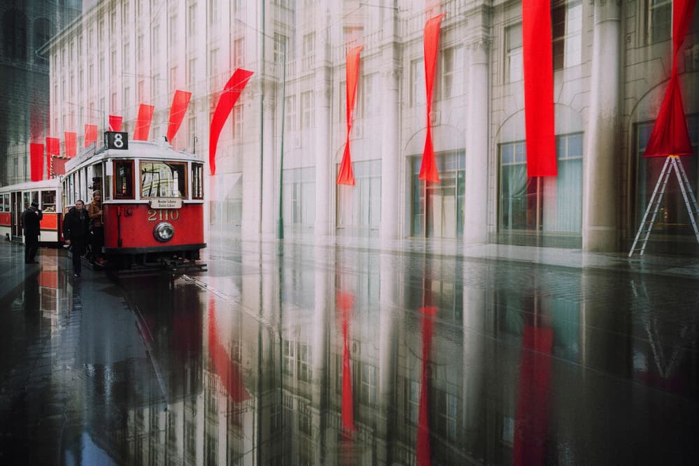 Red Tram Reflections by Roswitha Schleicher-Schwarz — canvas wall art