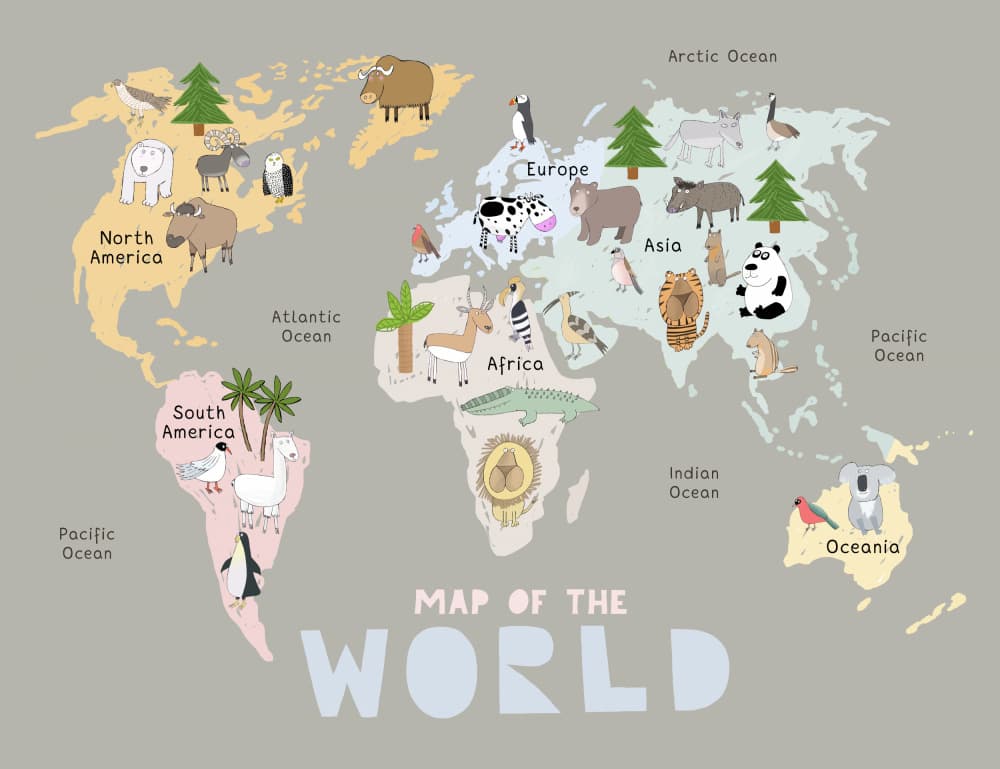 Cute Animal World Map by Carla Daly — canvas wall art