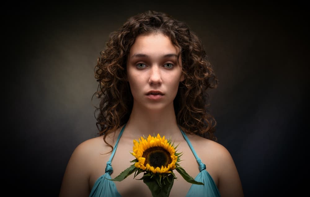 Sunflower Woman Portrait by Luc Stalmans — canvas wall art
