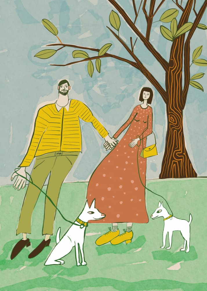 Happy Couple with Dogs by Sharyn Bursic — canvas wall art
