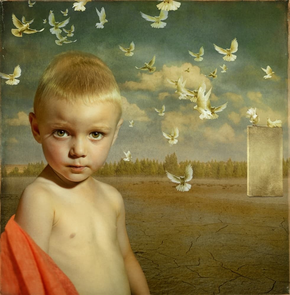 Child and Flying Doves by Svetlana Melik-Nubarova — canvas wall art