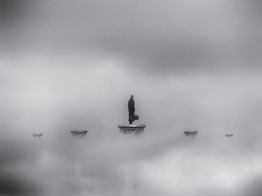 Lone Traveler in Mist by Jeffrey Hummel — canvas wall art